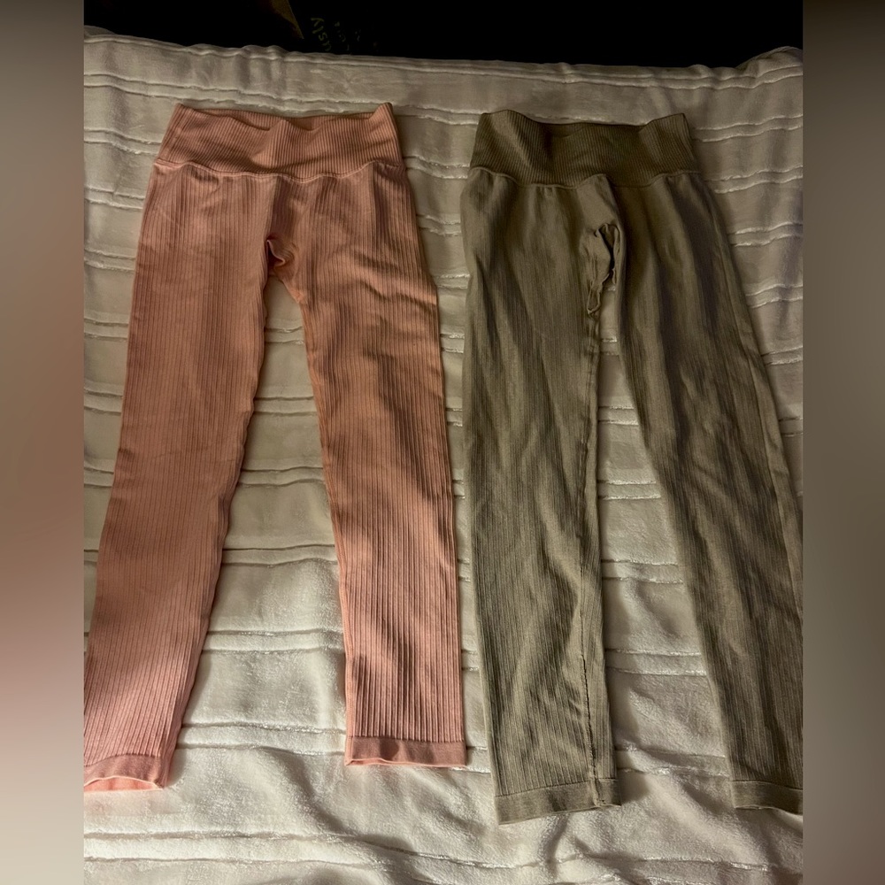 Pair of two ribbed leggings pink & tan